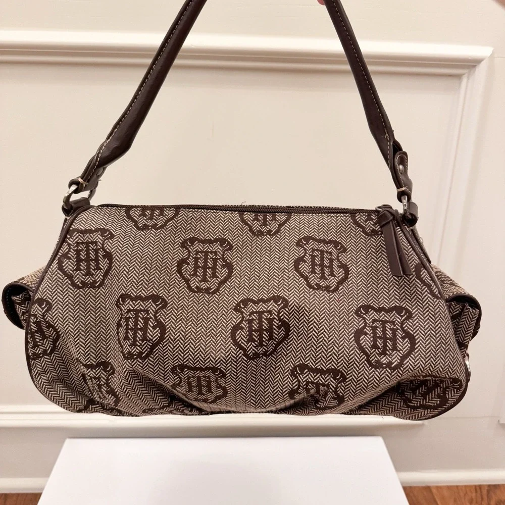 Vtg Y2K Tommy Hilfiger Logo Brown Purse Shoulder Bag Fall Herringbone‎ EUC